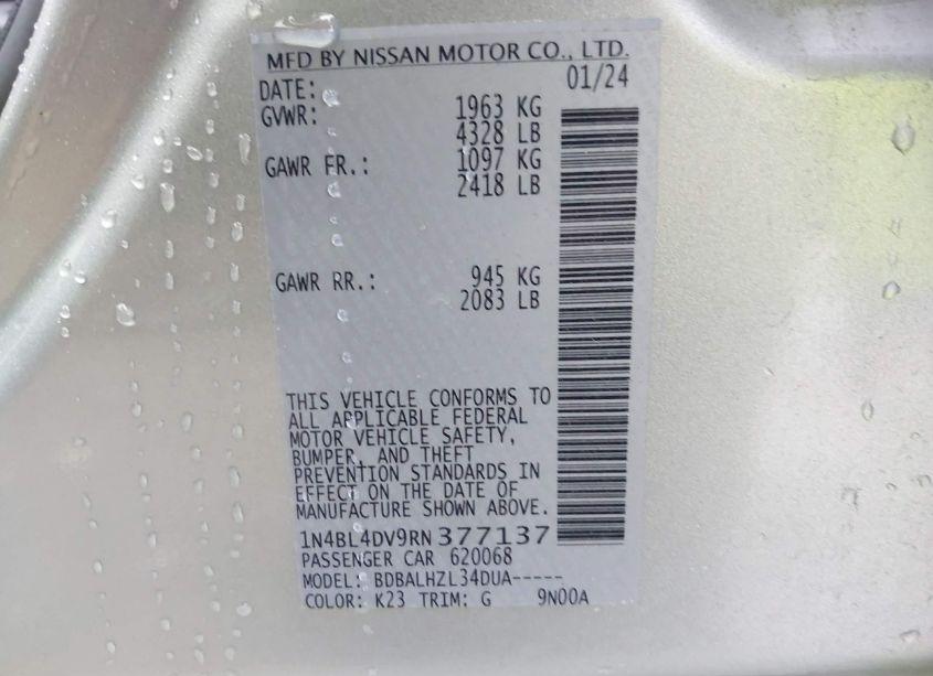 Photo 9 of 2024 Nissan Altima SV FWD (VIN 1N4BL4DV9RN377137)