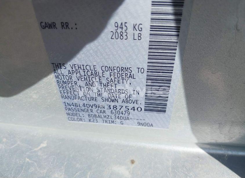 Photo 9 of 2024 Nissan Altima SV FWD (VIN 1N4BL4DV9RN387540)