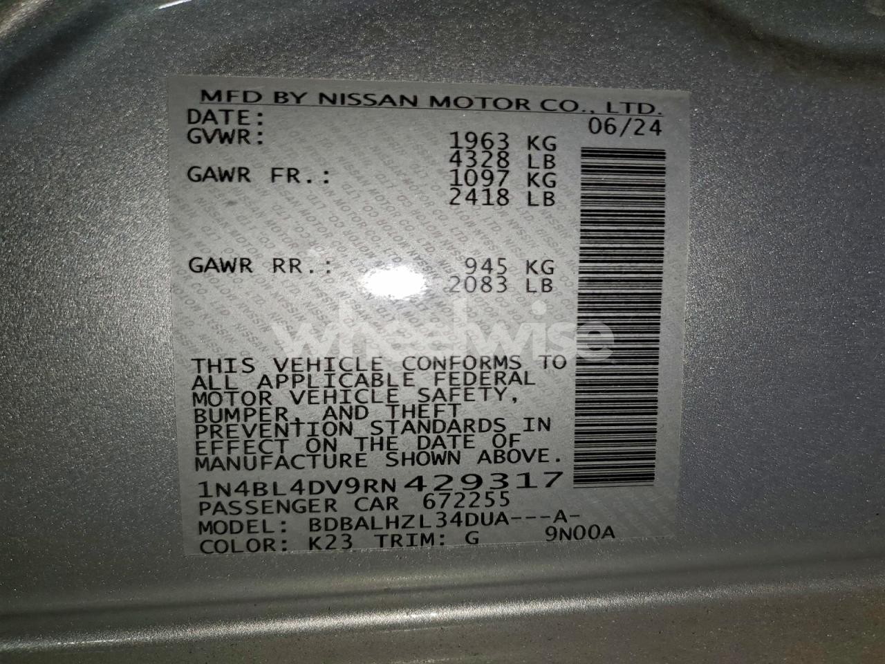 Photo 12 of 2024 NISSAN ALTIMA SV (VIN 1N4BL4DV9RN429317)