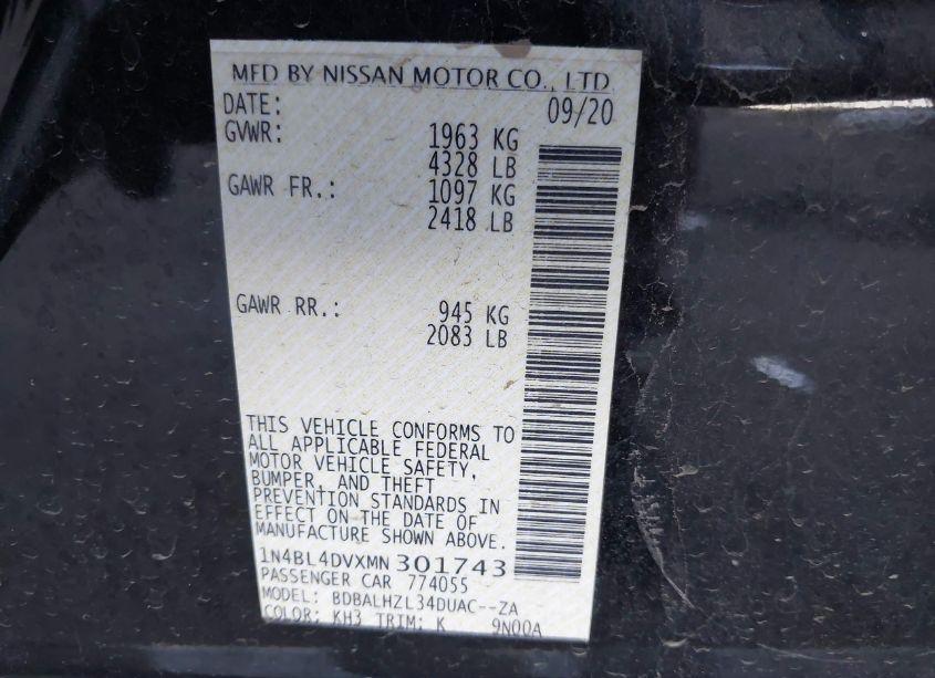 Photo 9 of 2021 Nissan Altima SV FWD (VIN 1N4BL4DVXMN301743)