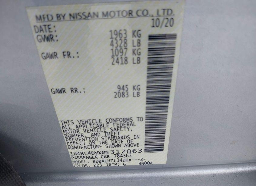 Photo 9 of 2021 Nissan Altima SV FWD (VIN 1N4BL4DVXMN312063)