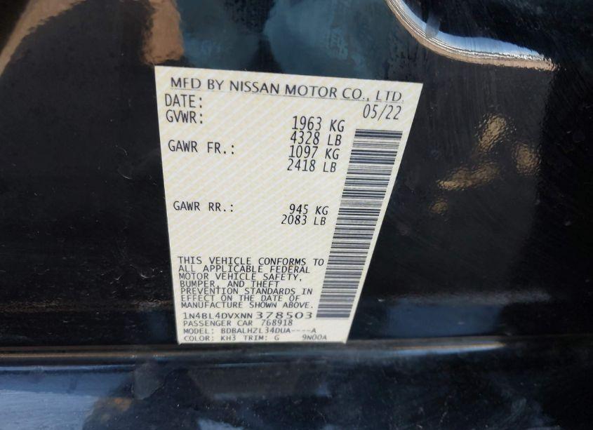 Photo 9 of 2022 Nissan Altima SV FWD (VIN 1N4BL4DVXNN378503)