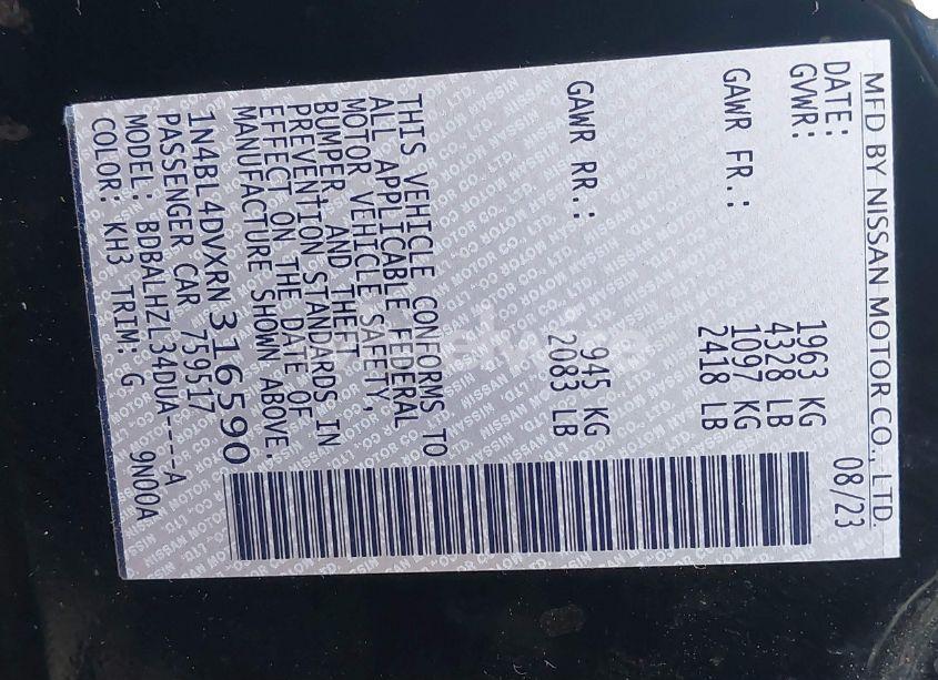 Photo 9 of 2024 Nissan Altima SV FWD (VIN 1N4BL4DVXRN316590)