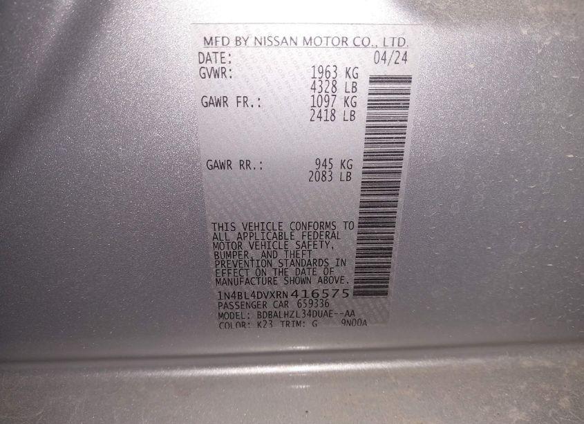 Photo 2 of 2024 Nissan Altima SV FWD (VIN 1N4BL4DVXRN416575)