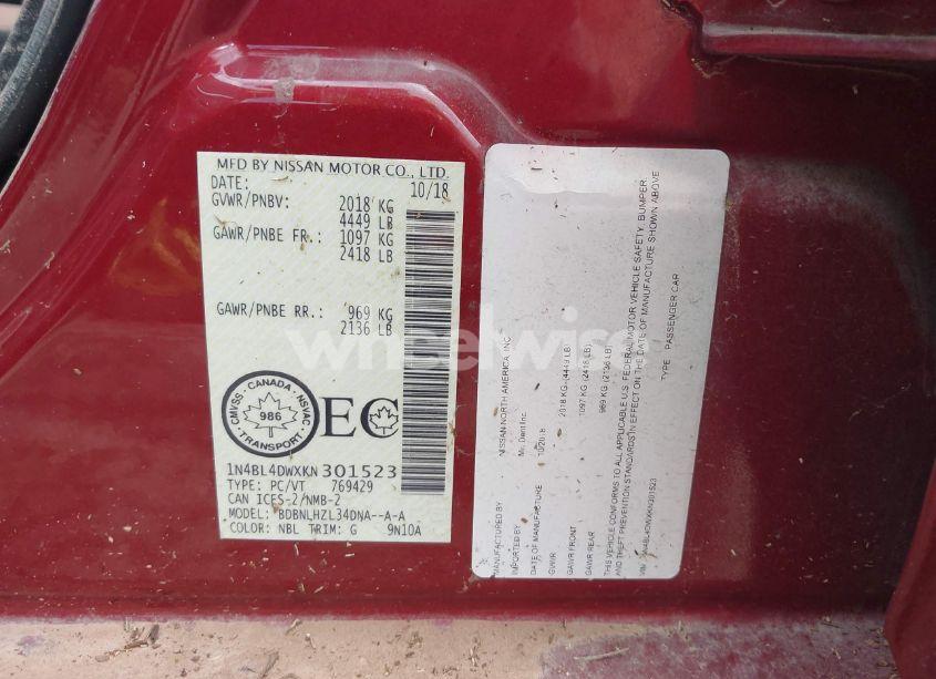 Photo 9 of 2019 Nissan Altima 2.5 SV (VIN 1N4BL4DWXKN301523)