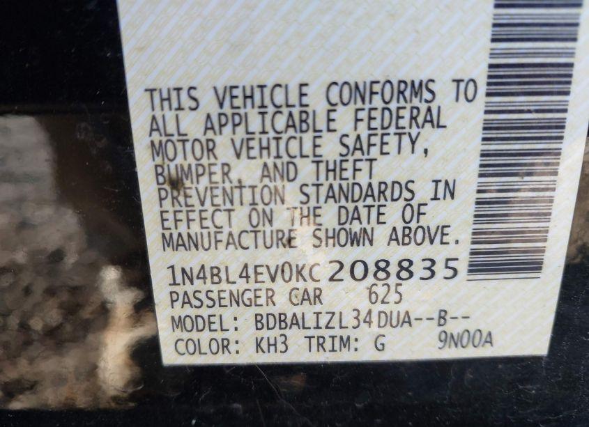 Photo 9 of 2019 Nissan Altima 2.5 SL (VIN 1N4BL4EV0KC208835)