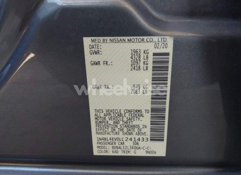 Photo 9 of 2020 Nissan Altima SL FWD (VIN 1N4BL4EV0LC241433)