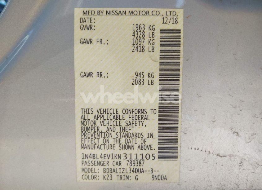 Photo 9 of 2019 Nissan Altima 2.5 SL (VIN 1N4BL4EV1KN311105)