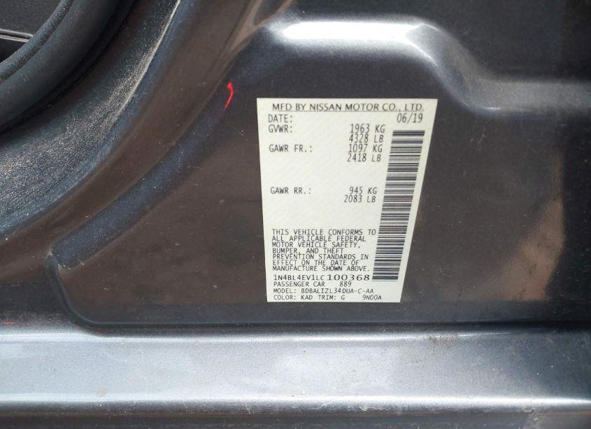 Photo 9 of 2020 Nissan Altima SL FWD (VIN 1N4BL4EV1LC100368)