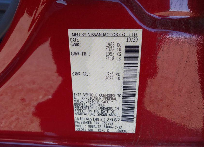 Photo 9 of 2021 Nissan Altima SL FWD (VIN 1N4BL4EV1MN312967)