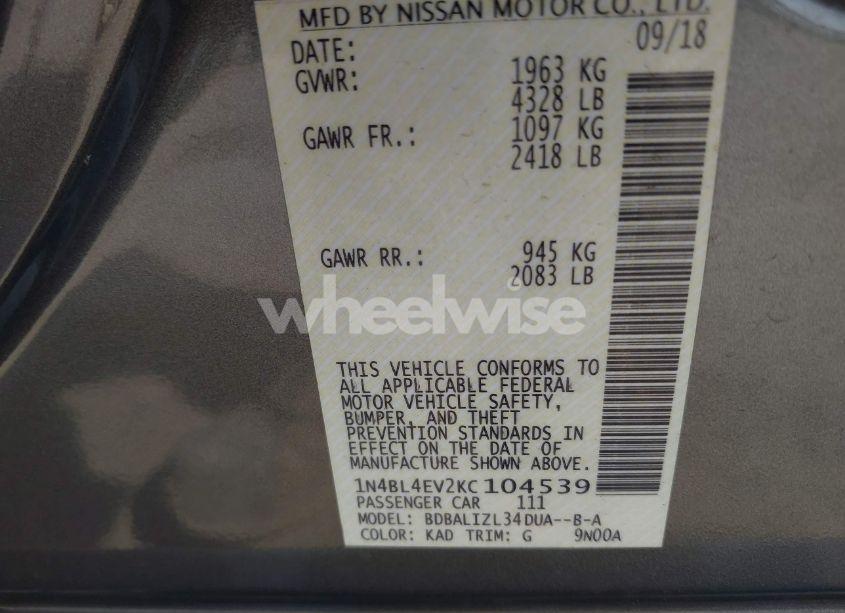 Photo 9 of 2019 Nissan Altima 2.5 SL (VIN 1N4BL4EV2KC104539)