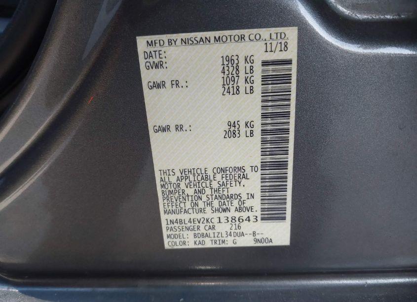 Photo 9 of 2019 Nissan Altima 2.5 SL (VIN 1N4BL4EV2KC138643)