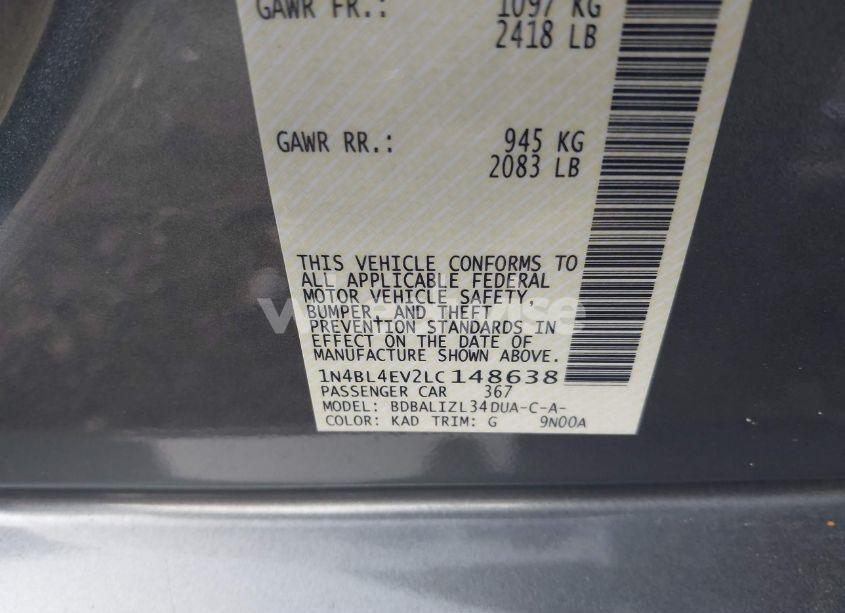 Photo 9 of 2020 Nissan Altima SL FWD (VIN 1N4BL4EV2LC148638)