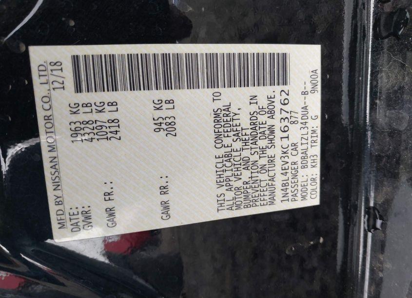 Photo 9 of 2019 Nissan Altima 2.5 SL (VIN 1N4BL4EV3KC163762)