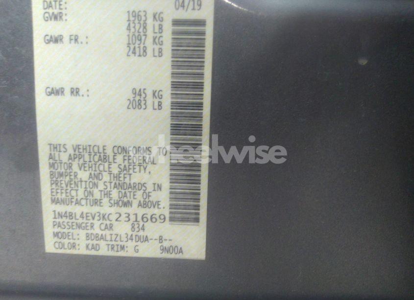 Photo 9 of 2019 Nissan Altima 2.5 SL (VIN 1N4BL4EV3KC231669)