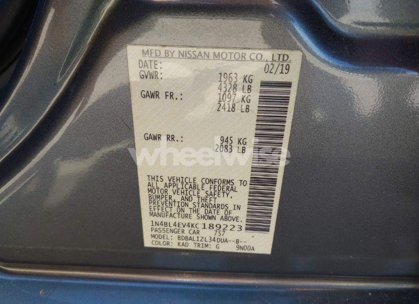 Photo 9 of 2019 Nissan Altima 2.5 SL (VIN 1N4BL4EV4KC189223)