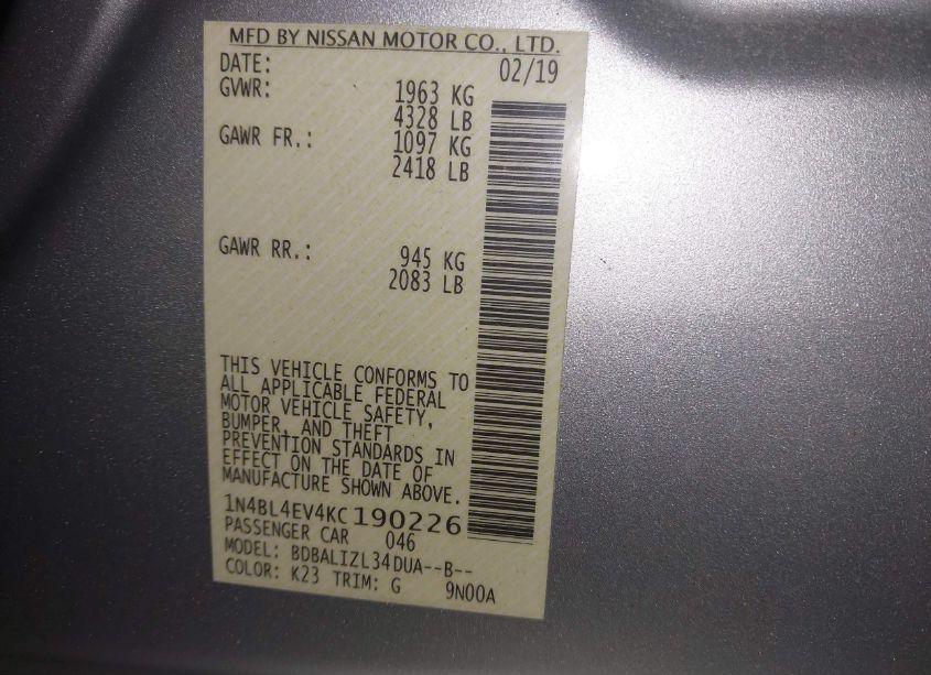 Photo 9 of 2019 Nissan Altima 2.5 SL (VIN 1N4BL4EV4KC190226)