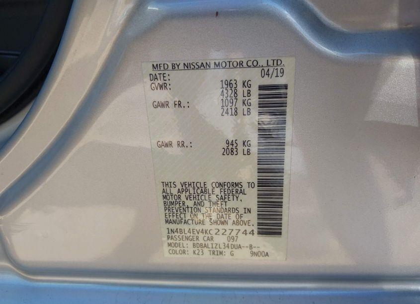 Photo 9 of 2019 Nissan Altima 2.5 SL (VIN 1N4BL4EV4KC227744)