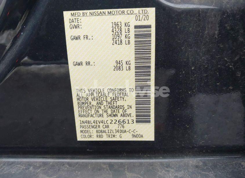 Photo 9 of 2020 Nissan Altima SL FWD (VIN 1N4BL4EV4LC226613)