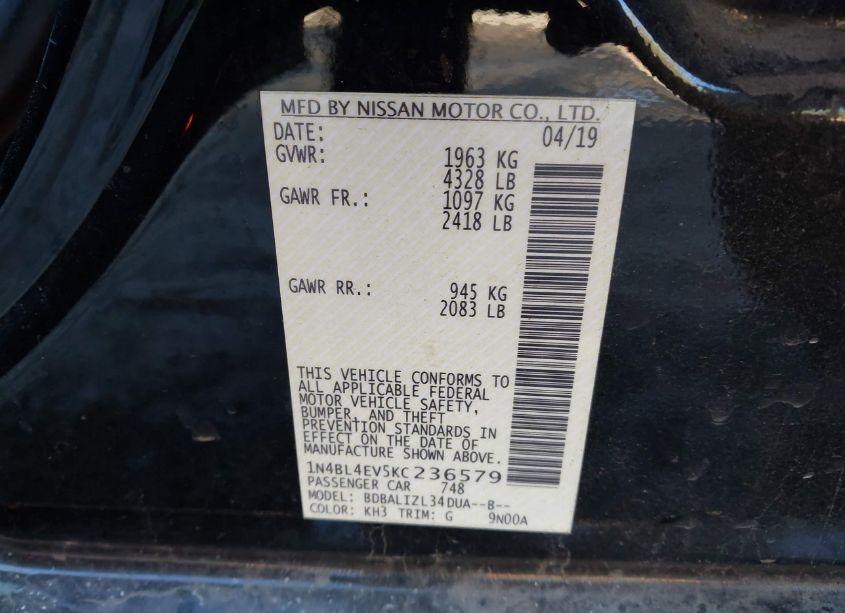 Photo 9 of 2019 Nissan Altima 2.5 SL (VIN 1N4BL4EV5KC236579)