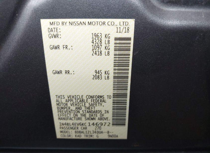 Photo 9 of 2019 Nissan Altima 2.5 SL (VIN 1N4BL4EV6KC146972)