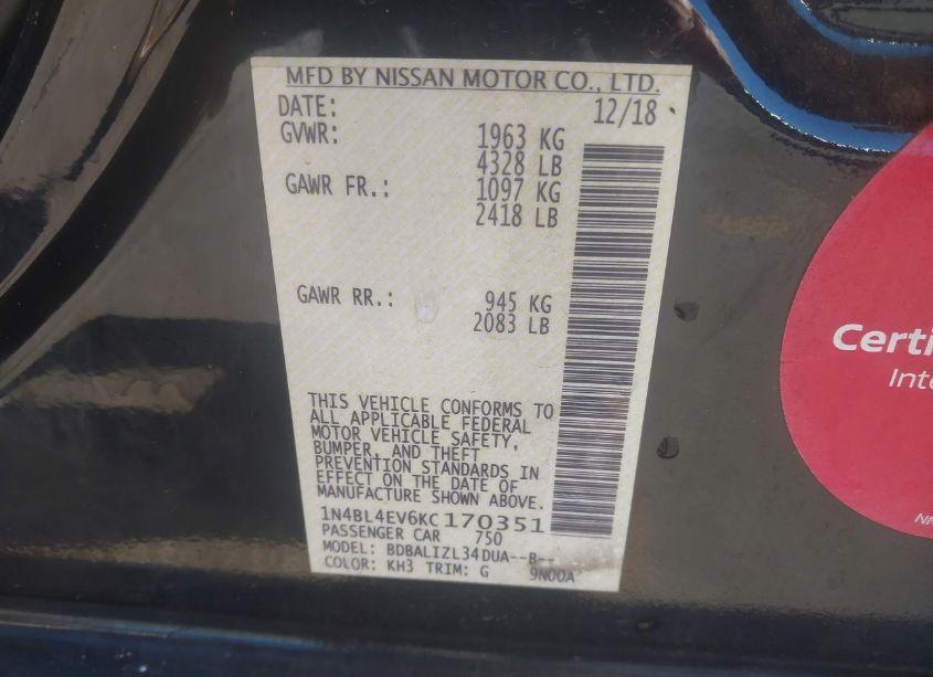 Photo 9 of 2019 Nissan Altima 2.5 SL (VIN 1N4BL4EV6KC170351)