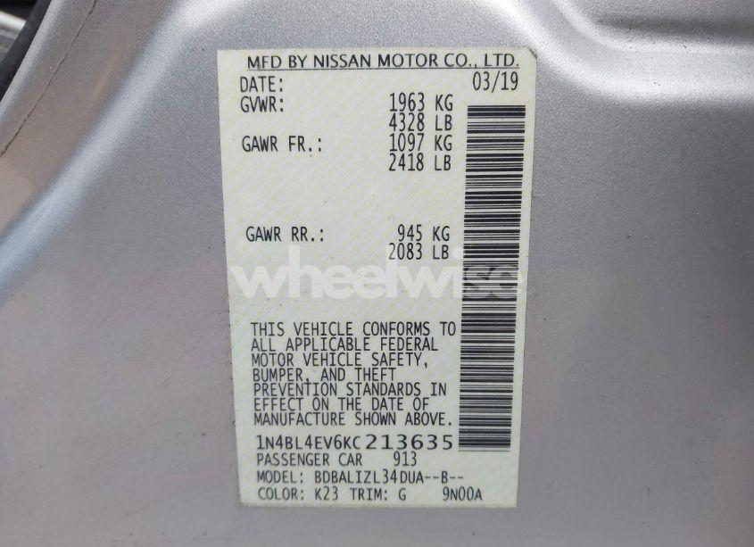 Photo 9 of 2019 Nissan Altima 2.5 SL (VIN 1N4BL4EV6KC213635)