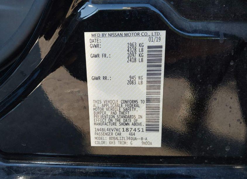 Photo 9 of 2019 Nissan Altima 2.5 SL (VIN 1N4BL4EV7KC187451)