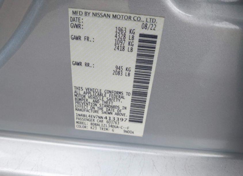 Photo 9 of 2022 Nissan Altima SL FWD (VIN 1N4BL4EV7NN413397)