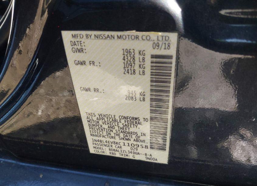 Photo 9 of 2019 Nissan Altima 2.5 SL (VIN 1N4BL4EV8KC110958)