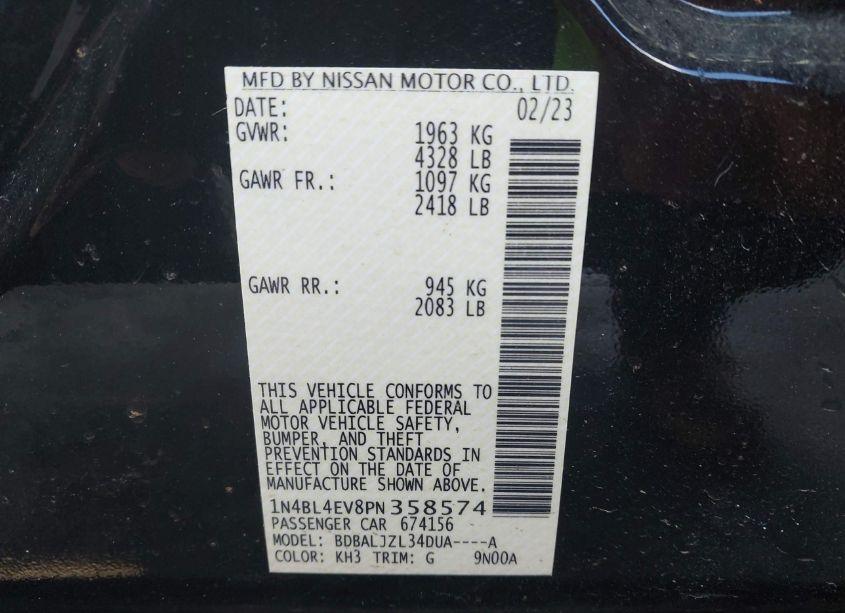 Photo 9 of 2023 Nissan Altima SL FWD (VIN 1N4BL4EV8PN358574)