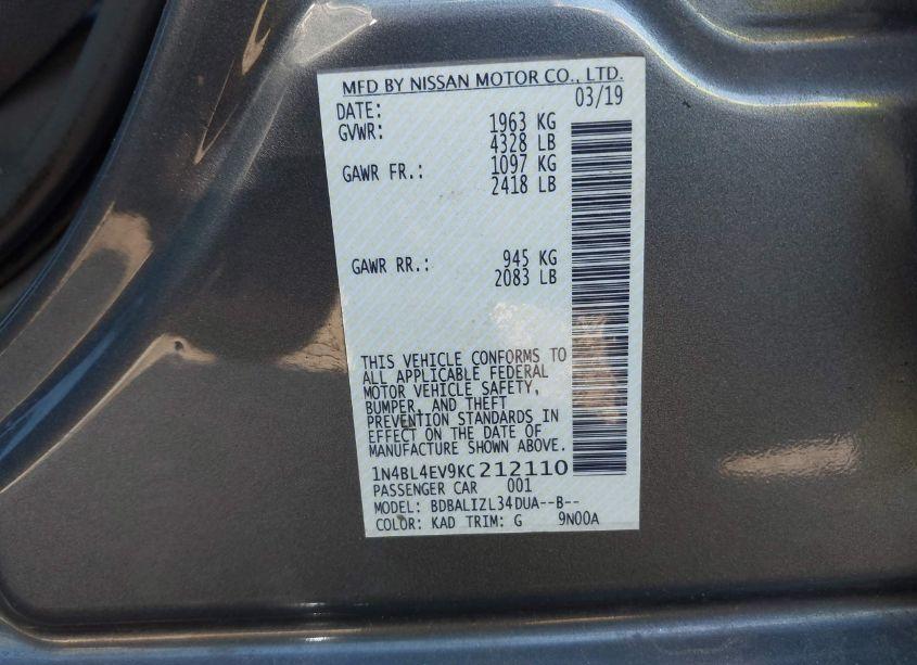 Photo 9 of 2019 Nissan Altima 2.5 SL (VIN 1N4BL4EV9KC212110)