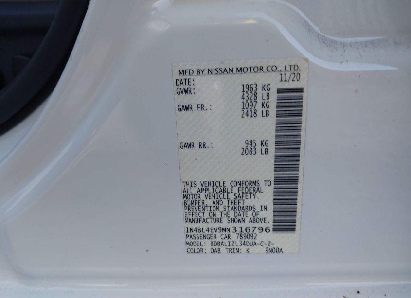 Photo 9 of 2021 Nissan Altima SL FWD (VIN 1N4BL4EV9MN316796)