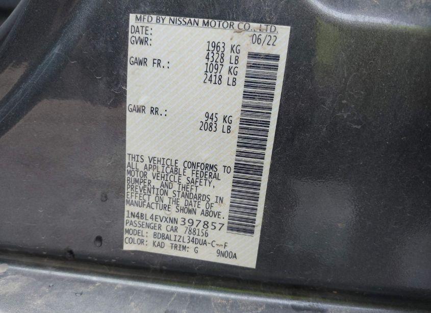 Photo 9 of 2022 Nissan Altima SL FWD (VIN 1N4BL4EVXNN397857)