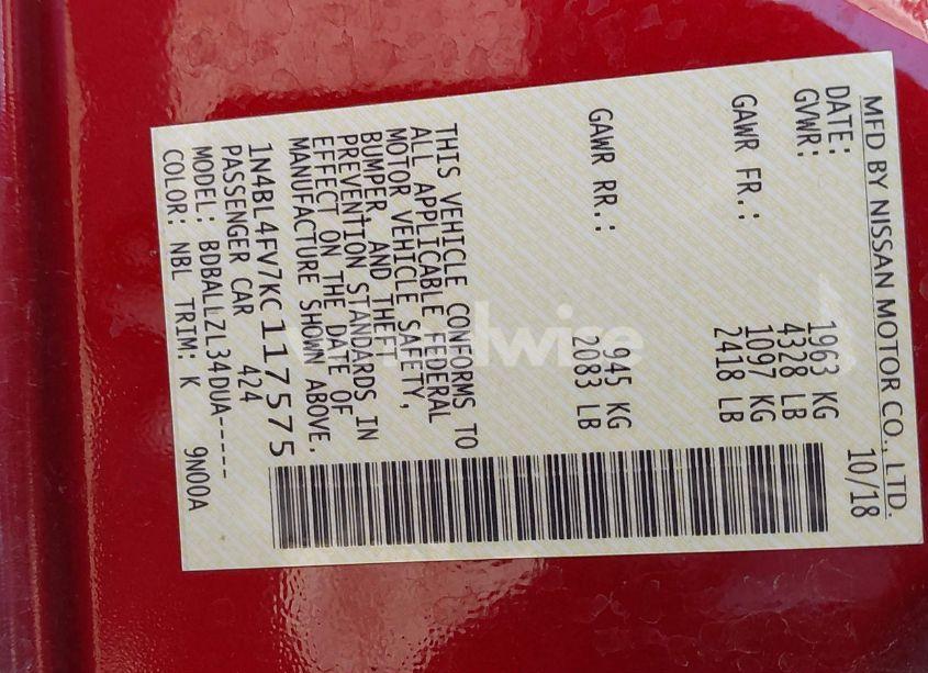 Photo 9 of 2019 Nissan Altima 2.5 PLATINUM (VIN 1N4BL4FV7KC117575)