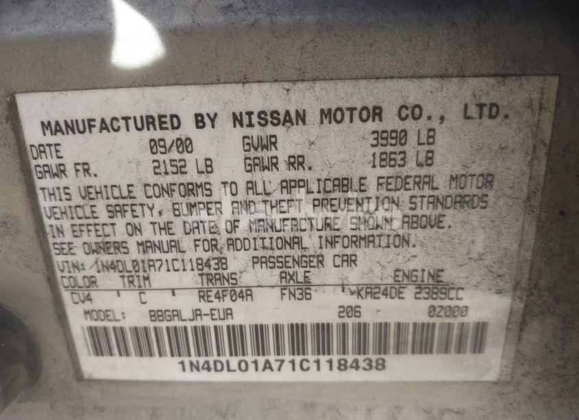 Photo 9 of 2001 Nissan Altima GLE (VIN 1N4DL01A71C118438)