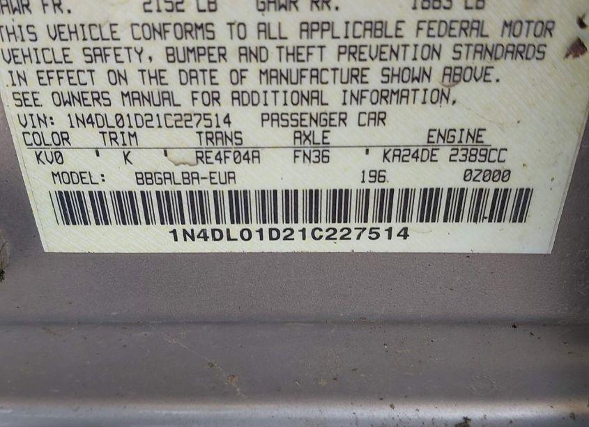 Photo 9 of 2001 Nissan Altima GXE (VIN 1N4DL01D21C227514)