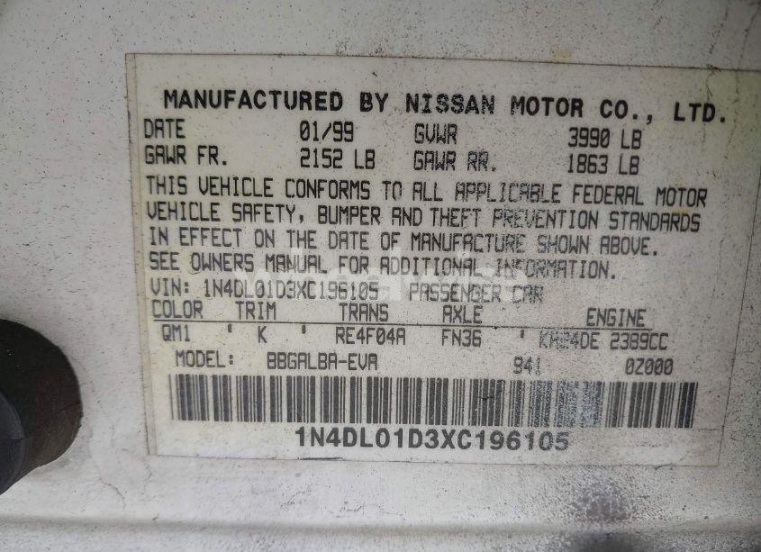 Photo 9 of 1999 Nissan Altima GLE/GXE/SE/SE-L/XE (VIN 1N4DL01D3XC196105)