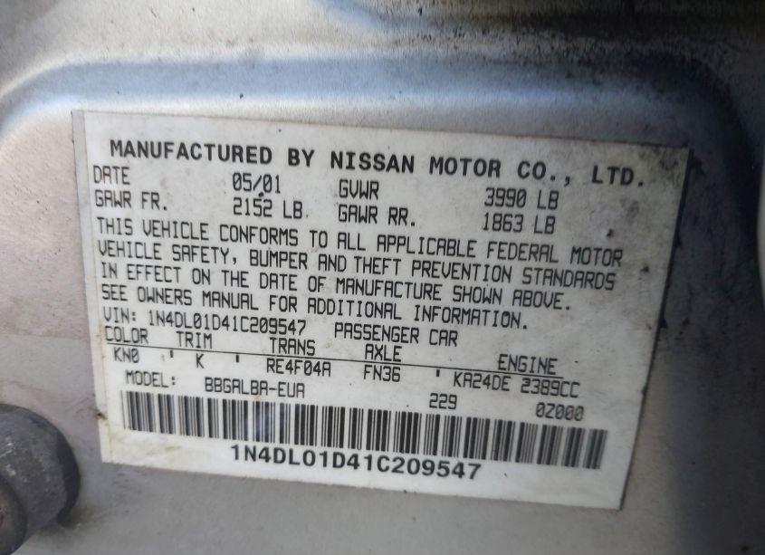Photo 9 of 2001 Nissan Altima GXE (VIN 1N4DL01D41C209547)