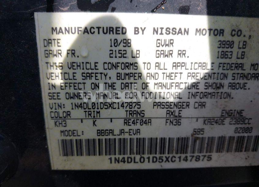 Photo 9 of 1999 Nissan Altima GLE/GXE/SE/SE-L/XE (VIN 1N4DL01D5XC147875)