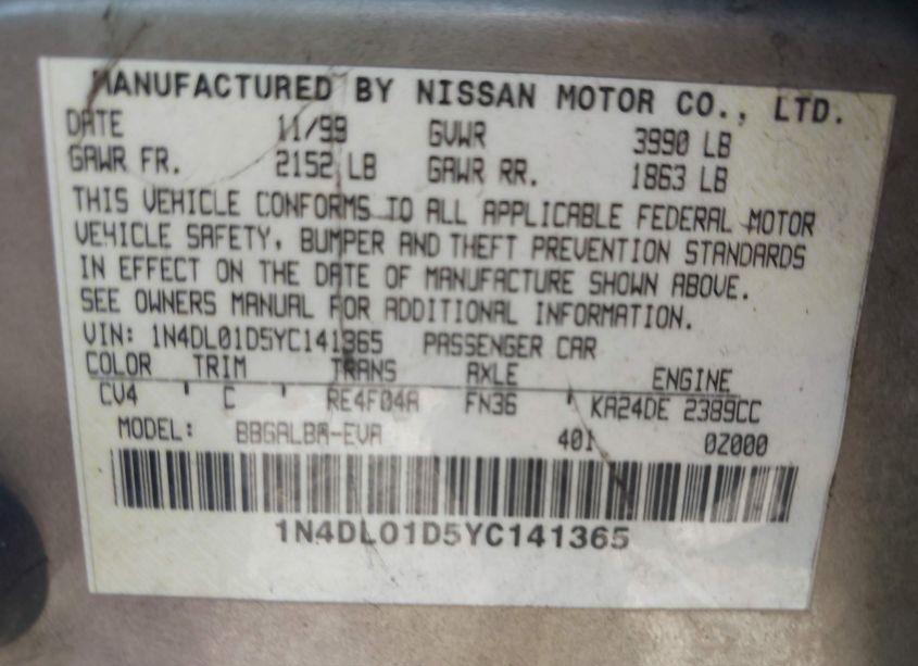 Photo 9 of 2000 Nissan Altima GLE/GXE/SE/XE (VIN 1N4DL01D5YC141365)