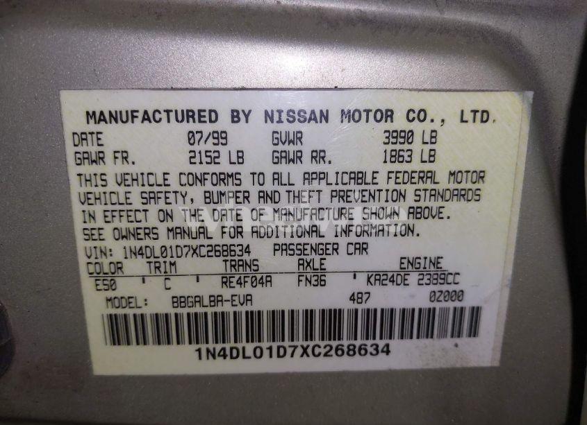 Photo 9 of 1999 Nissan Altima GLE/GXE/SE/SE-L/XE (VIN 1N4DL01D7XC268634)