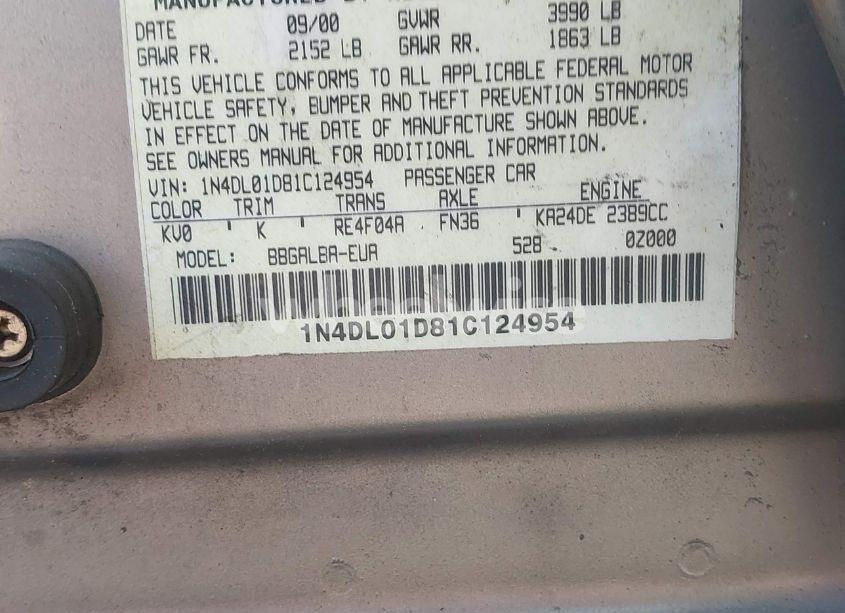 Photo 9 of 2001 Nissan Altima GXE (VIN 1N4DL01D81C124954)