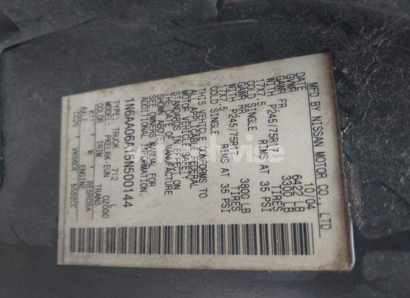 Photo 9 of 2005 Nissan Titan XE (VIN 1N6AA06A15N500144)