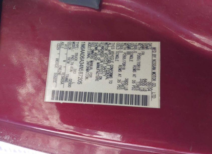 Photo 9 of 2004 Nissan Titan SE (VIN 1N6AA06A34N587205)