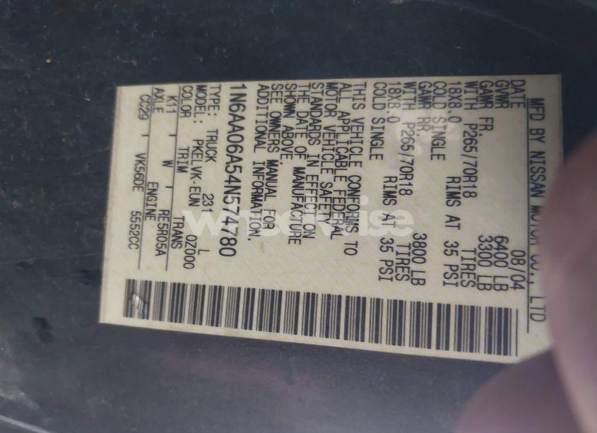 Photo 9 of 2004 Nissan Titan LE (VIN 1N6AA06A54N574780)