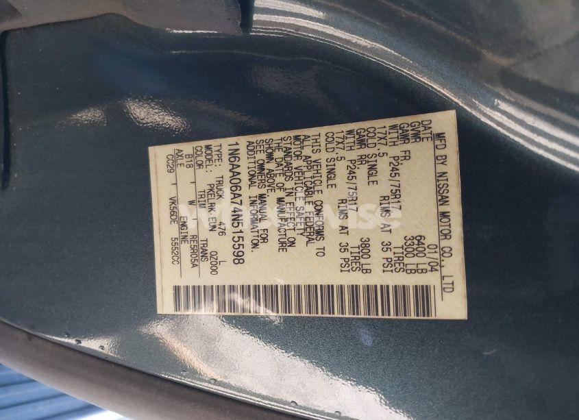 Photo 9 of 2004 Nissan Titan XE (VIN 1N6AA06A74N515598)