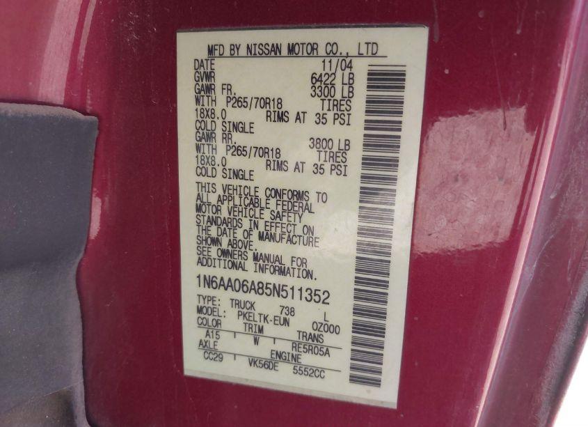 Photo 9 of 2005 Nissan Titan SE (VIN 1N6AA06A85N511352)