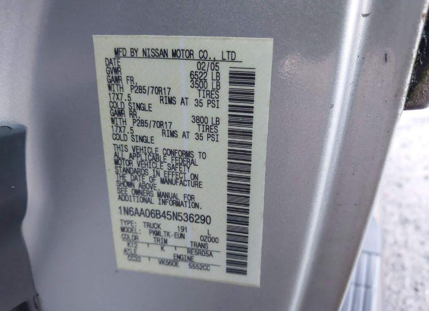 Photo 9 of 2005 Nissan Titan SE (VIN 1N6AA06B45N536290)