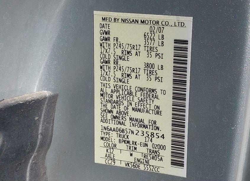 Photo 9 of 2007 Nissan Titan XE (VIN 1N6AA06B57N235854)